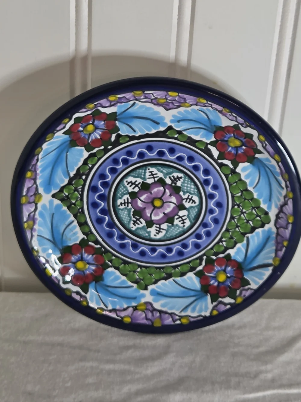 Hand-Painted Floral Ceramic Wall Art Puebla 2007 Mexican - Blue & Multicolor